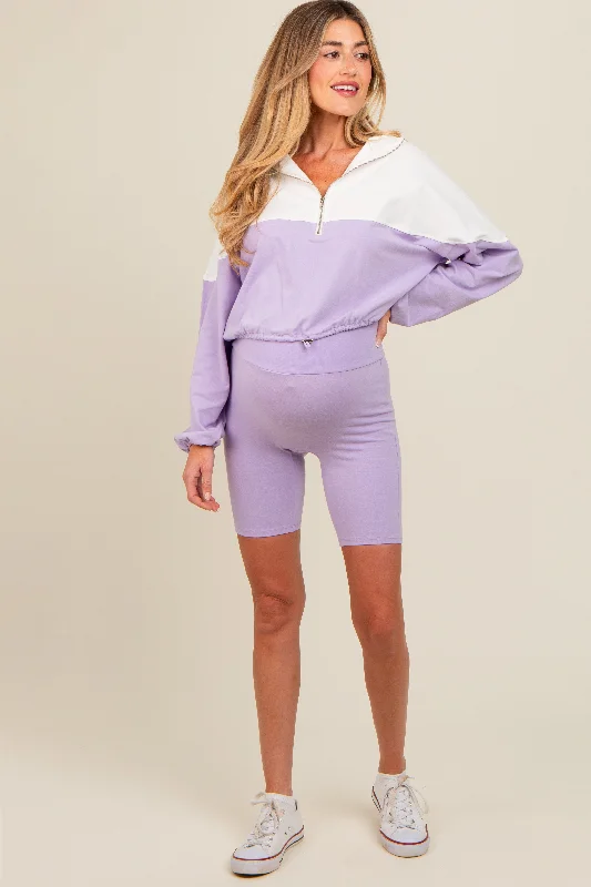 Polyester HoodiesLavender Colorblock Hoodie Shorts Maternity Set