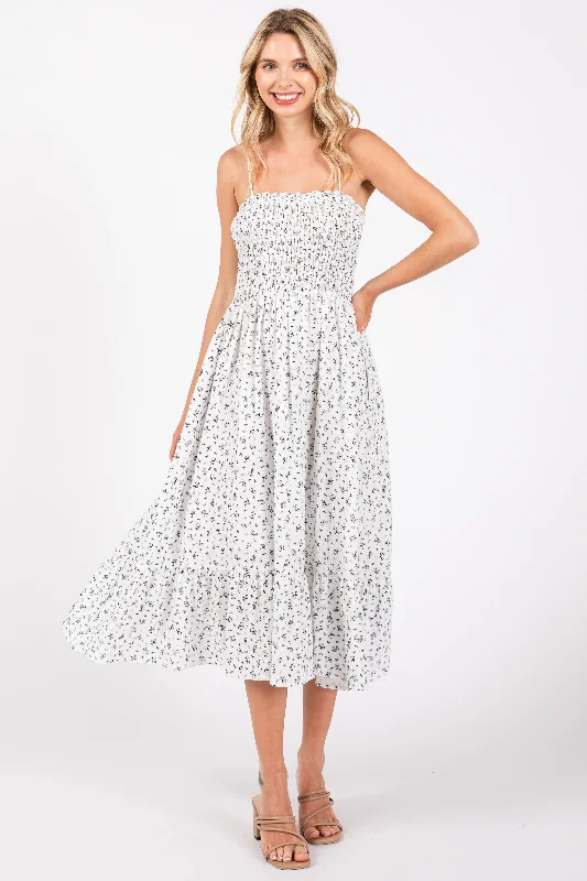 Cheerleader DressWhite Floral Smocked Sleeveless Midi Dress