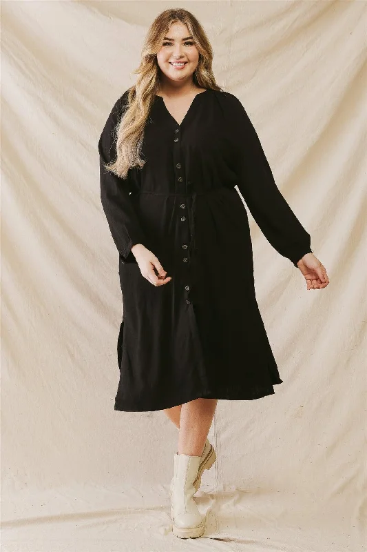 Boho DressJunior Plus Black Cotton Button-Up Two Pocket Belted Midi Dress /2-2-1