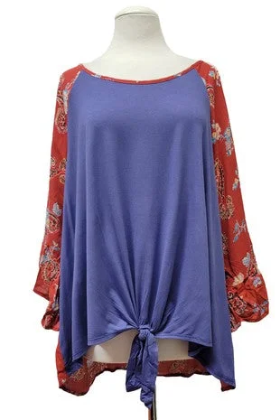 Tasseled ShirtsBlue Knot Front Shirt Top w Gorgeous Paisley Sleeves