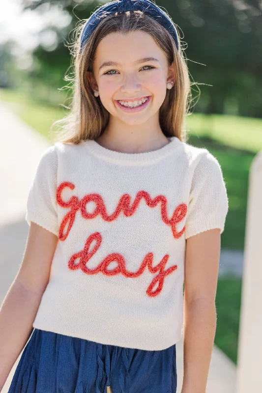 Girls: It's Game Day Ivory/Orange Puff Sleeve SweaterScoop Neck Knit Tops