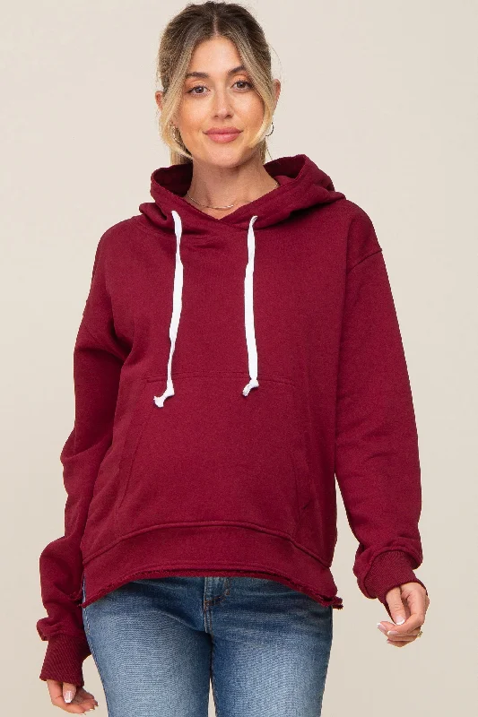 Oversized HoodiesBurgundy Raw Edge Trim Maternity Drawstring Hoodie