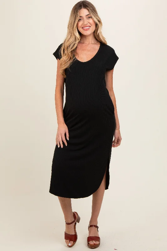 Velvet DressBlack Rib Knit Scoop Neck Maternity Midi Dress