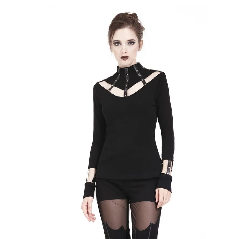 Women's Punk High Neck Cutout Long Sleeved T-shirt With Straps