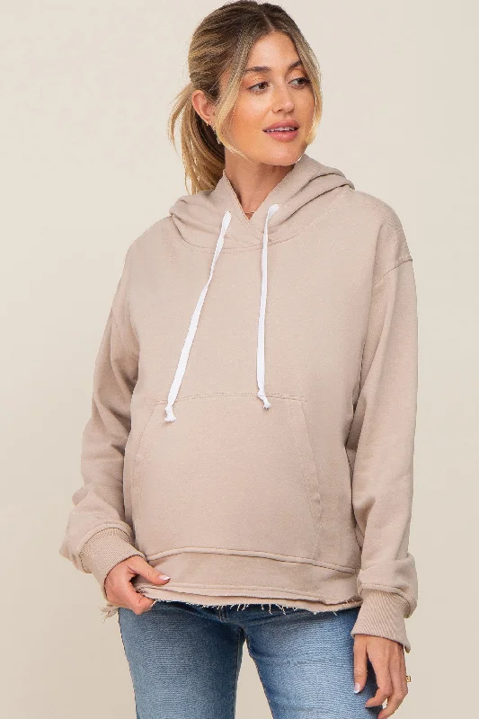 Branded SweatshirtsBeige Raw Edge Trim Maternity Drawstring Hoodie