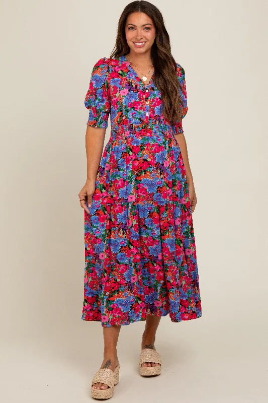 Wind DressBlue Floral Smocked Waist Maternity Midi Dress