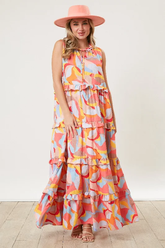 Mini DressOrange Abstract Ruffle Tiered Maxi Dress