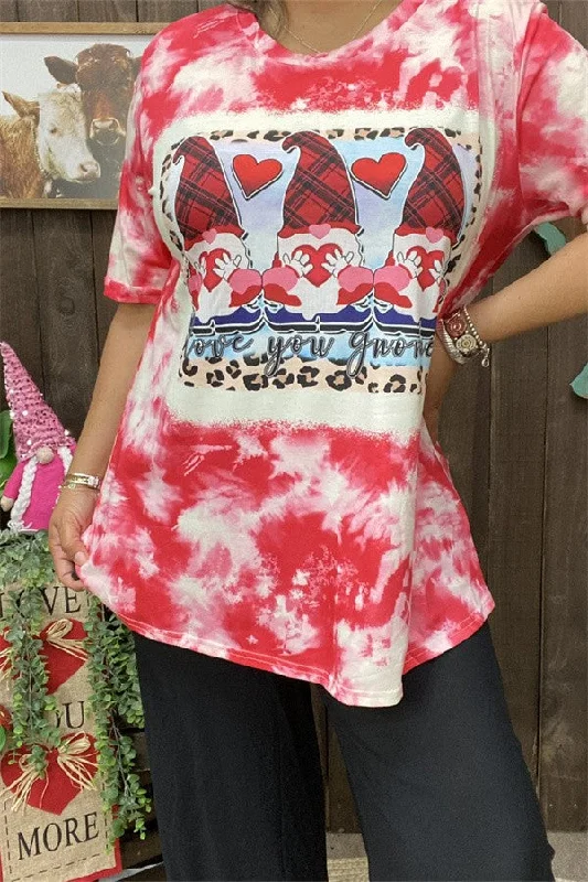 Oversized ShirtsPink Red Tie Dye Love You Gnome Shirt Top