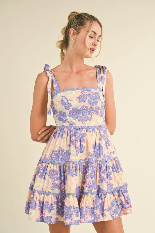 Cocktail DressLavender Nude Floral Tiered Scallop Trim Mini Dress