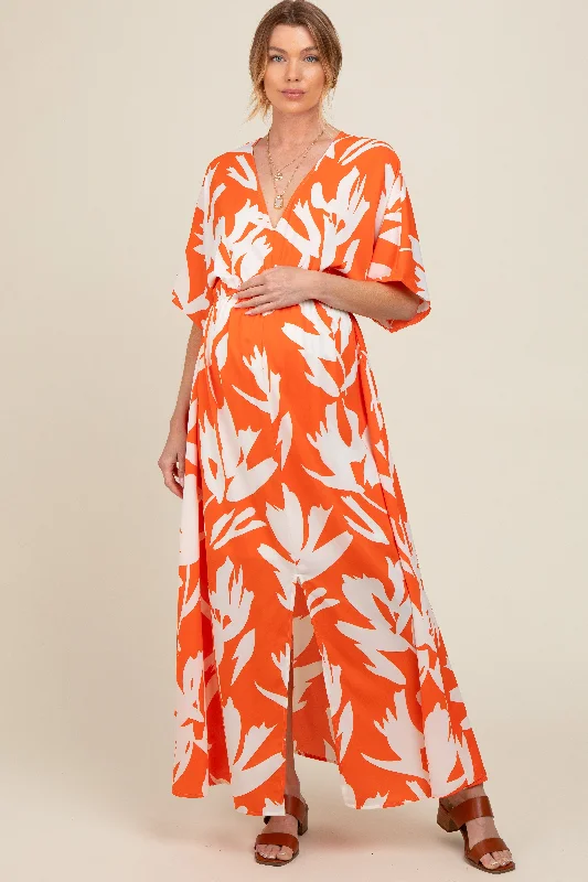 Edwardian DressOrange Floral Double V-Neck Front Slit Maternity Maxi Dress