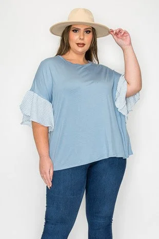 Streetwear ShirtsBlue Shirt Top w Checkered Sleeves