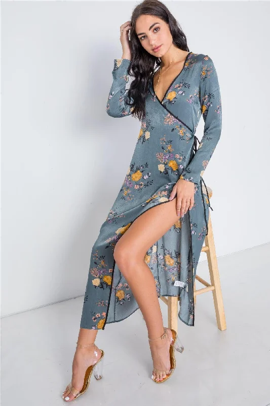 Polka-dot DressStorm Blue Side Slit Floral Wrap Maxi Dress /1-2-2