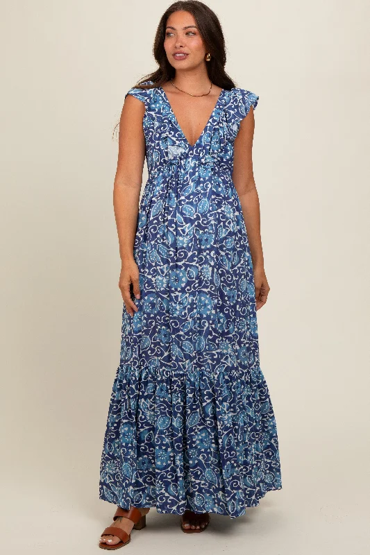 Wind DressBlue Abstract Floral Ruffle Accent Maternity Maxi Dress