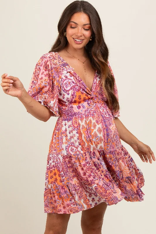 Thermal DressPeach Paisley Twist Front Short Sleeve Maternity Dress