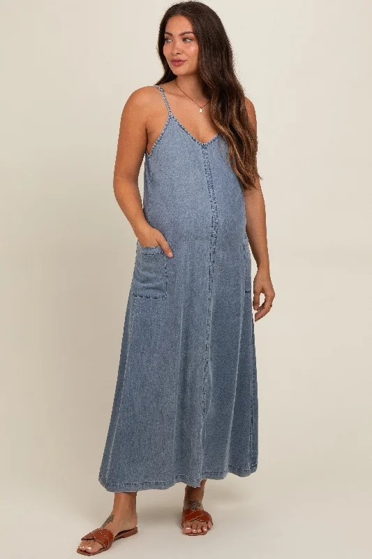 Evening DressBlue Chambray Pocketed Maternity Maxi Dress