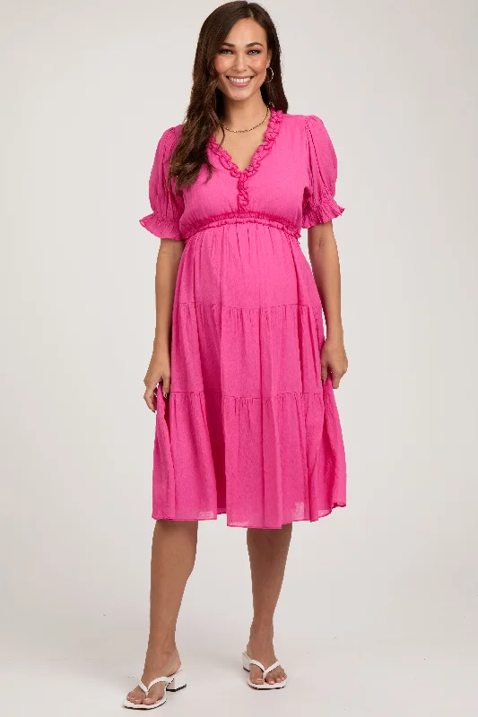 Prairie DressFuchsia Ruffle Trim Tiered Maternity Dress