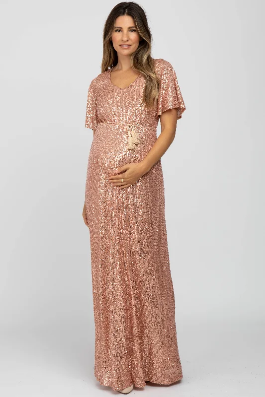 Athletic DressPink Sequin Short Sleeve Maternity Maxi Dress