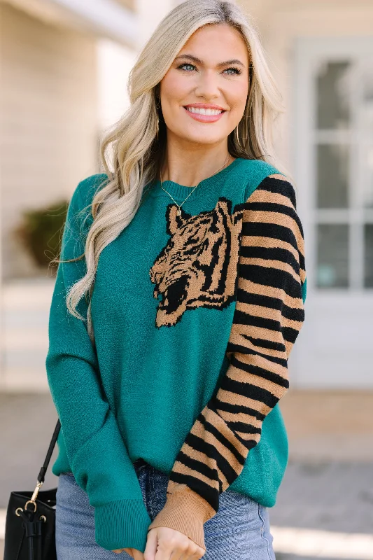 Over Your Shoulder Hunter Green Tiger SweaterCrewneck Knit Tops