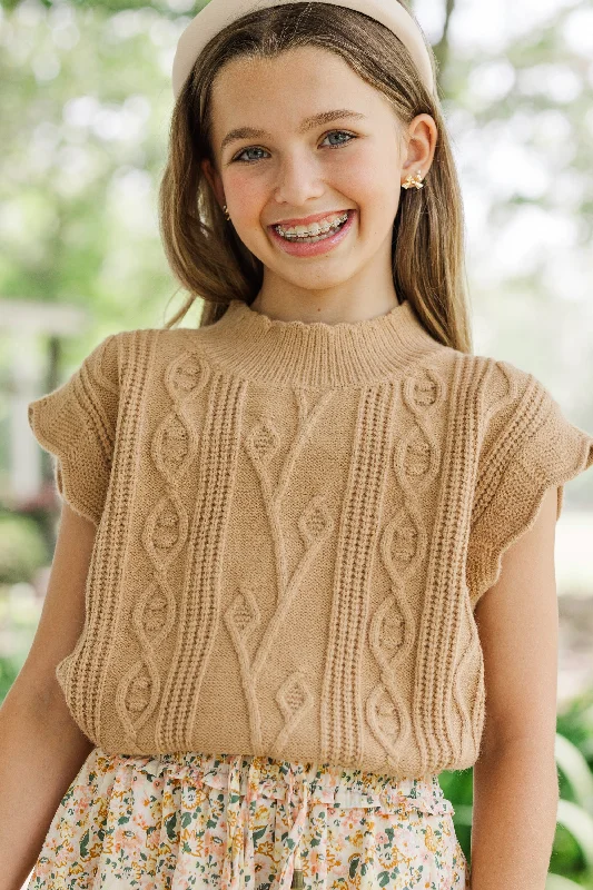 Girls: Get It Going Camel Cable Knit Sweater TopCollaborative Knit Tops