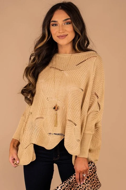 Happy With You Beige Brown Loose Knit SweaterLeather-Paneled Knit Tops