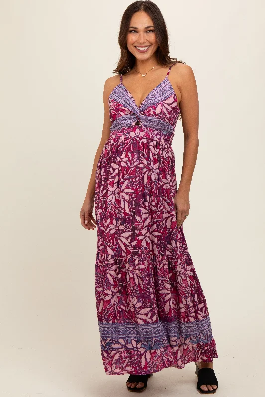 Strapless DressPurple Floral Strapless Front Tie Knot Maternity Maxi Dress