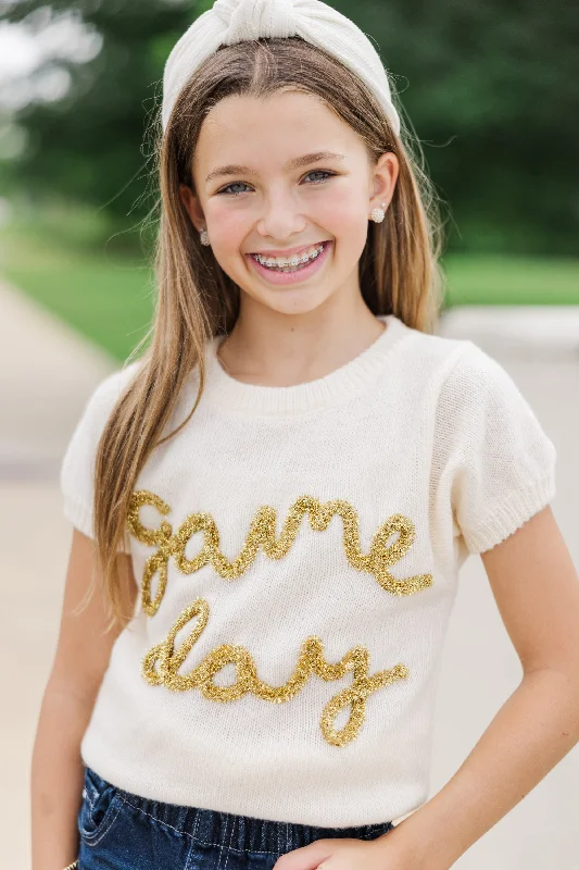 Girls: It's Game Day Ivory/Gold Puff Sleeve SweaterBoat Neck Knit Tops