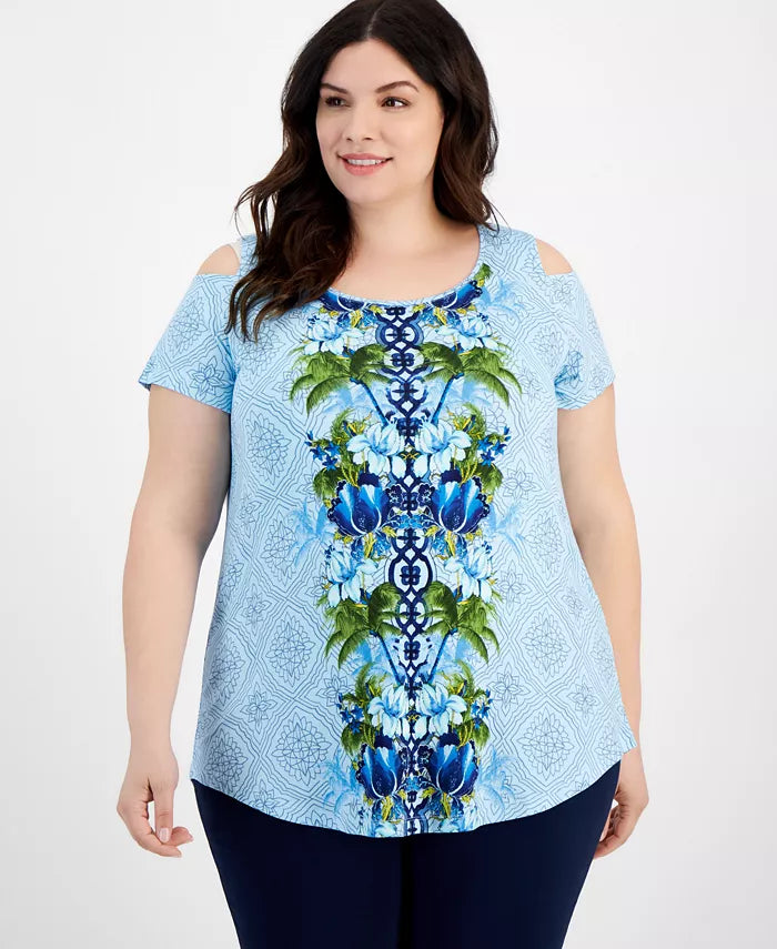 Fitted ShirtsBlue Floral Cold Shoulder Shirt Top