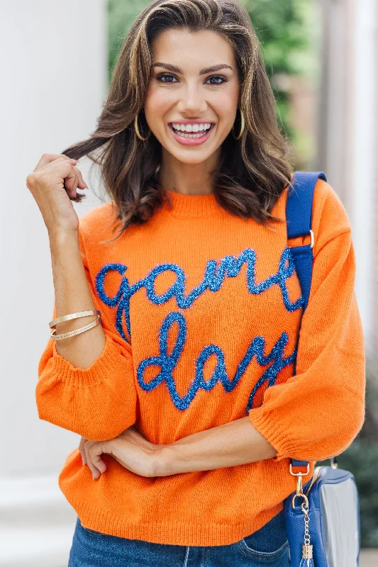 It's Game Day Orange/Blue Puff Sleeve SweaterBamboo Knit Tops