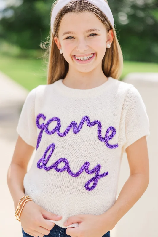 Girls: It's Game Day Ivory/Purple Puff Sleeve SweaterCrewneck Knit Tops