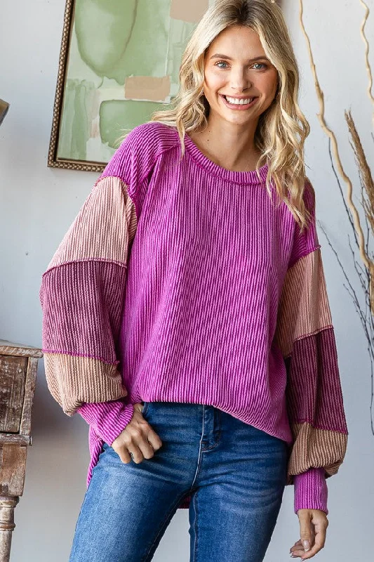 College ShirtsPink Purple Colorblock Bubble Sleeve Shirt Top