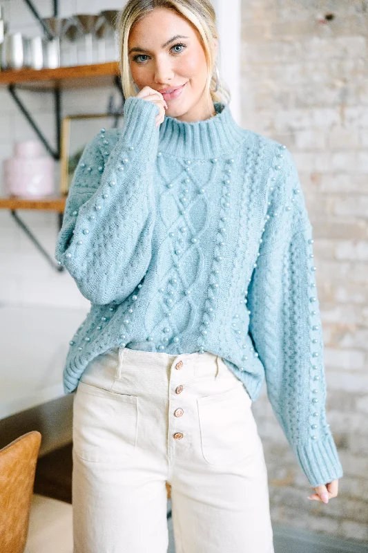 It's All You Ice Blue Embellished SweaterRibbed Cuff Knit Tops