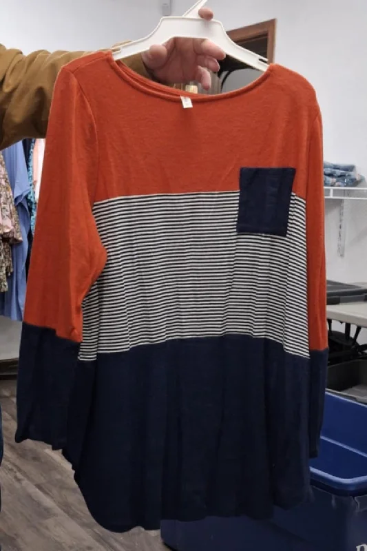 Sheer ShirtsRed Navy Stripe Pocket Shirt Top