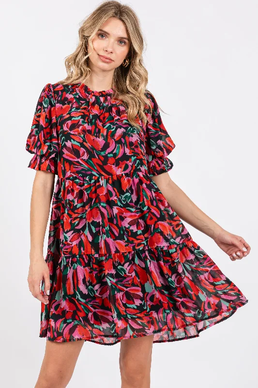 Party DressBlack Abstract Floral Print Tiered Dress