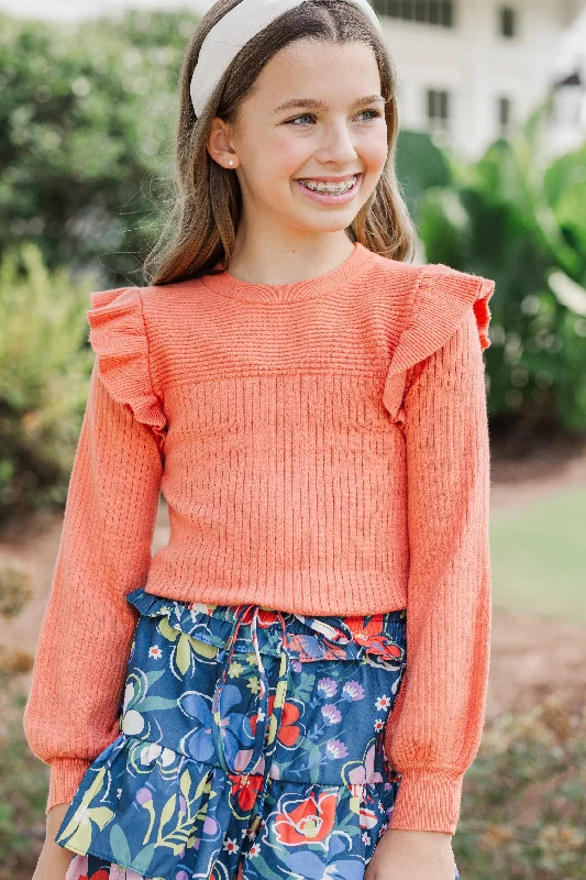 Girls: Reach Out Coral Orange Ruffled SweaterDesigner Knit Tops