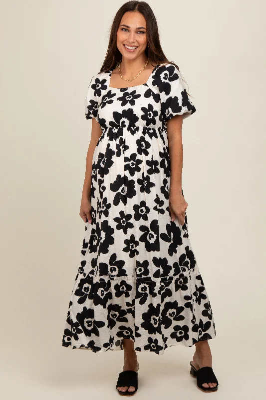 Sheath DressBlack Floral Puff Sleeve Maternity Maxi Dress