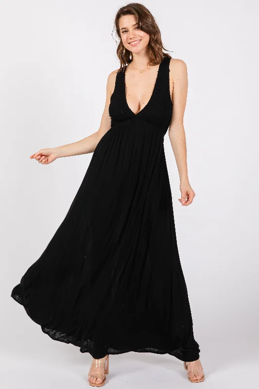 Prom DressBlack Deep V-Neck Cross Back Maxi Dress