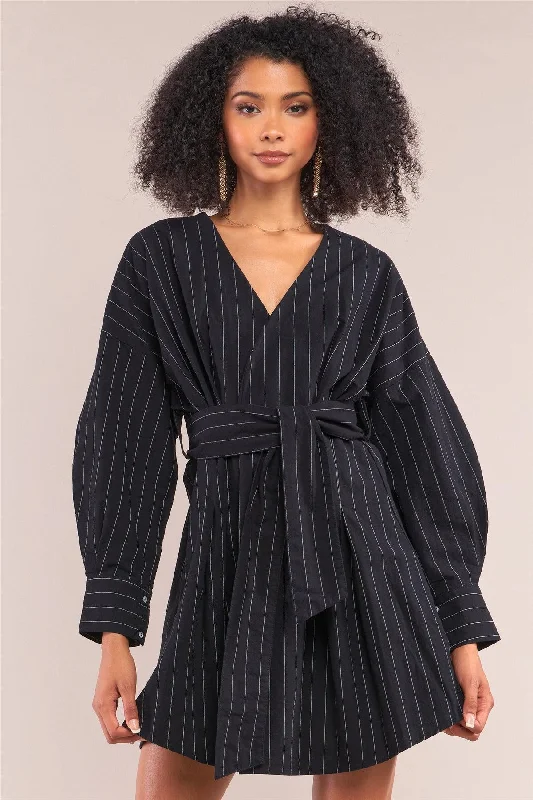 One-shoulder DressBlack Pinstriped Long Puff Sleeve Surplice Neck Wrap Mini Dress /2-2-2