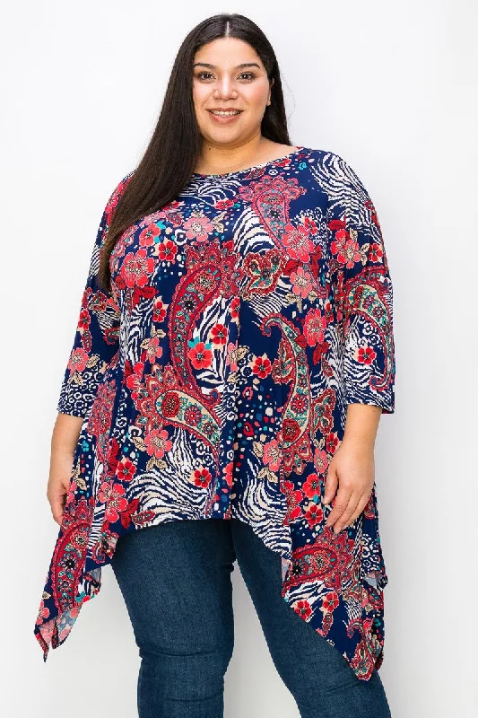 Cotton ShirtsNavy Red Floral Paisley Print Sharkbite Shirt Top