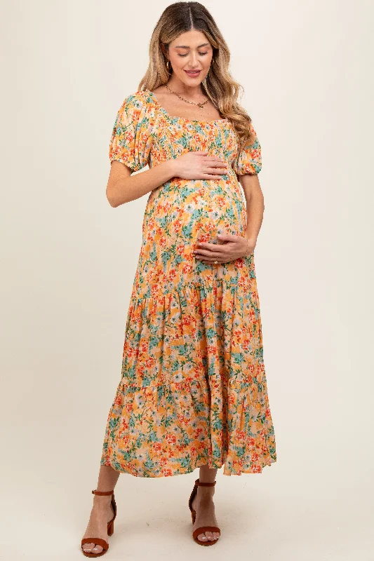 T-shirt DressPeach Floral Smocked Tiered Maternity Midi Dress