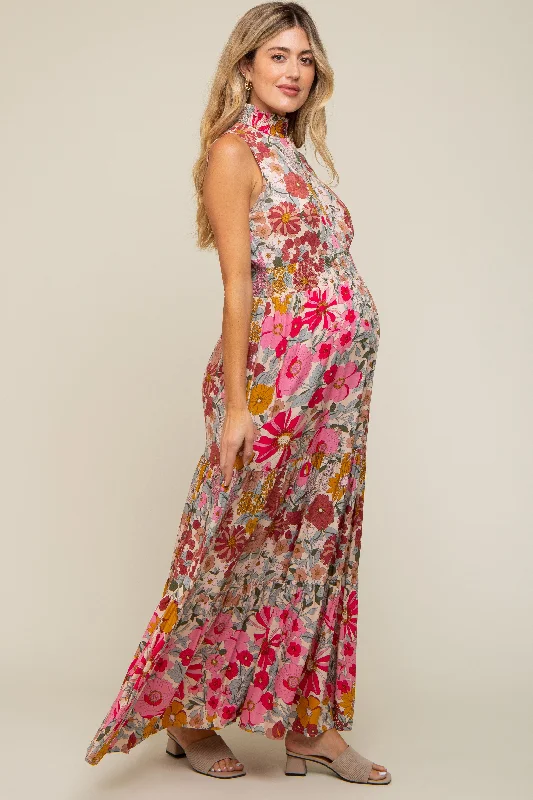 Designer DressPink Floral Mock Neck Maternity Maxi Dress