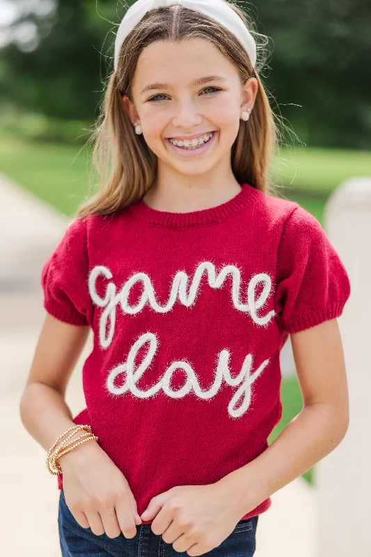 Girls: It's Game Day Crimson/White Puff Sleeve SweaterCropped Knit Tops