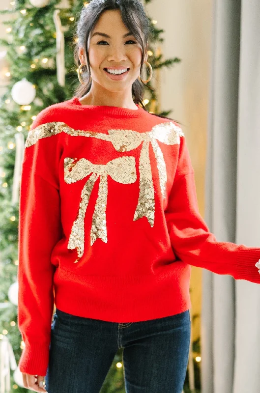 Feeling Present Red Sequin Bow SweaterLayered Knit Tops