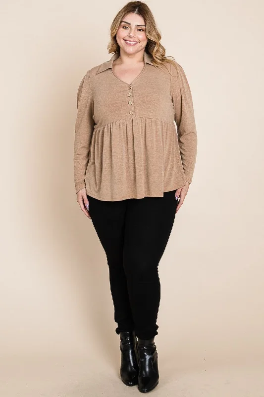 Tunic ShirtsCamel Brown V Neck Button Shirt Top w Collar Detail