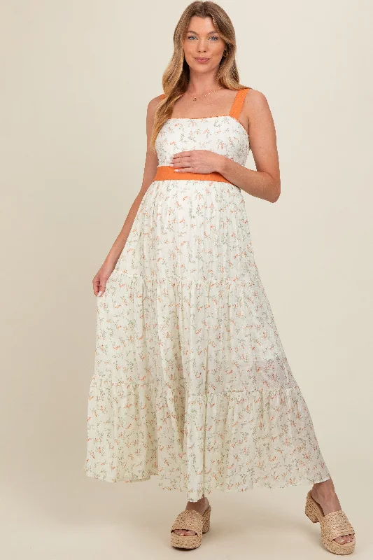 Embroidered DressOrange Floral Contrast Sash Tie Maternity Maxi Dress