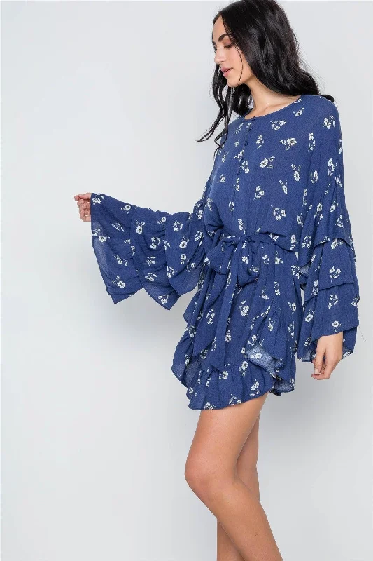 Tutu DressNavy Floral Print Long Bell Sleeves Dress /2-2-1