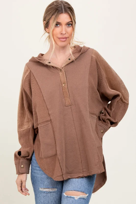 Ribbed Cuff HoodiesBrown French Terry Dolman Sleeve Hooded Pullover