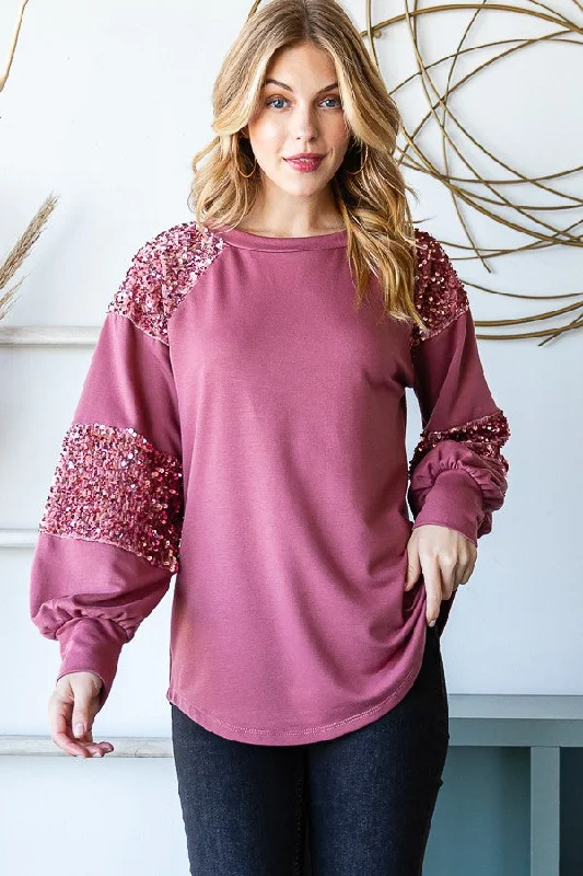 Plush ShirtsPink Sequin Shoulder Sleeve Shirt Top