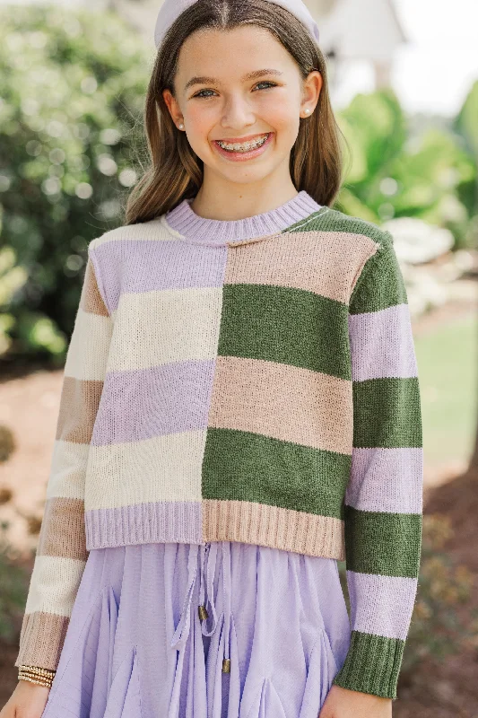 Girls: All About You Lavender and Olive Striped SweaterLounge Knit Tops