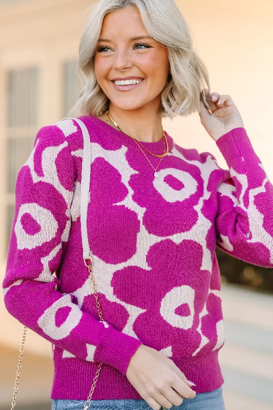 Stay Right There Magenta Purple Floral SweaterPolyester Knit Tops