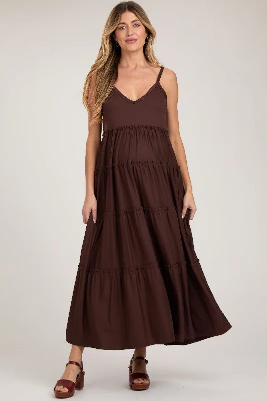 Velvet DressBrown Tiered Sleeveless Maternity Maxi Dress